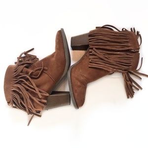Brown Fringe Stacked Heel Ankle Booties